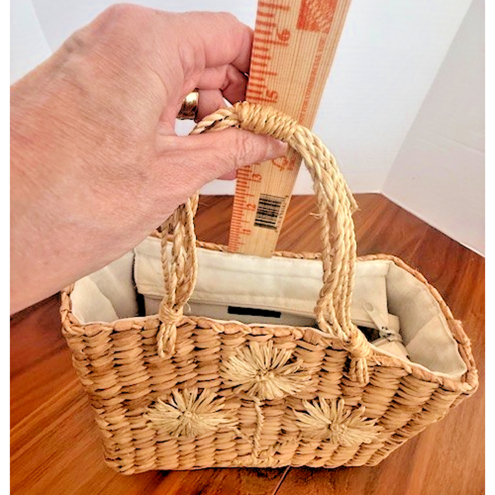 Vintage 90s Esprit Woven Straw Basket Handbag Bag Y2K Flowers 10" x 8" - Picture 3 of 13